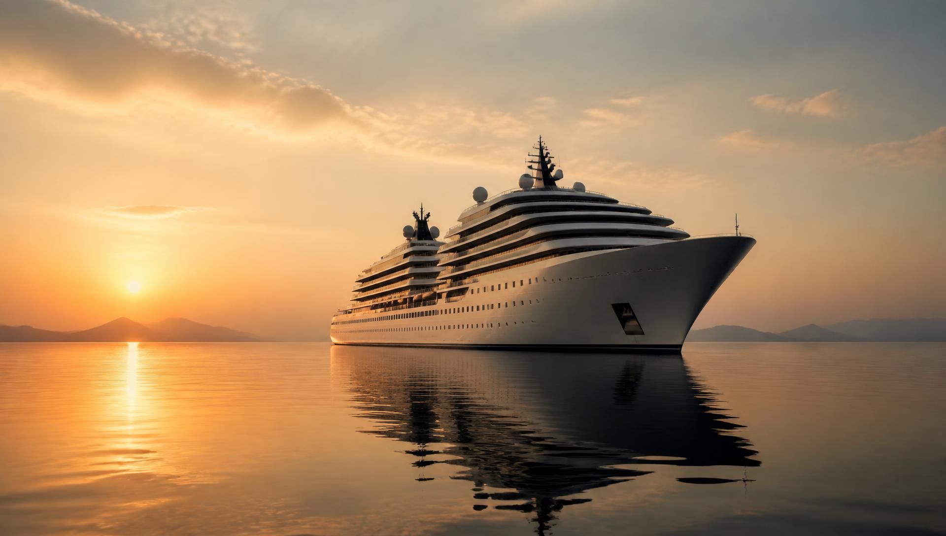A small luxury cruise ship at dawn on a glassy sea